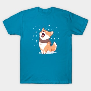 A shiba dog trying to eat the falling snowflakes T-Shirt